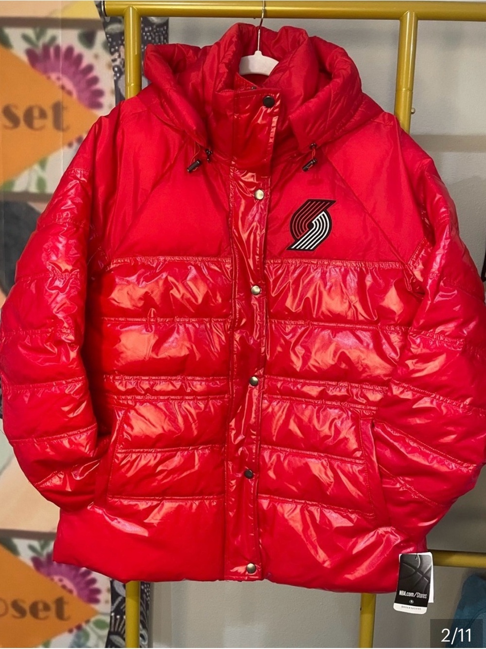NBA Bright Red Quilted Puffer Bomber Jacket with Team Patch
